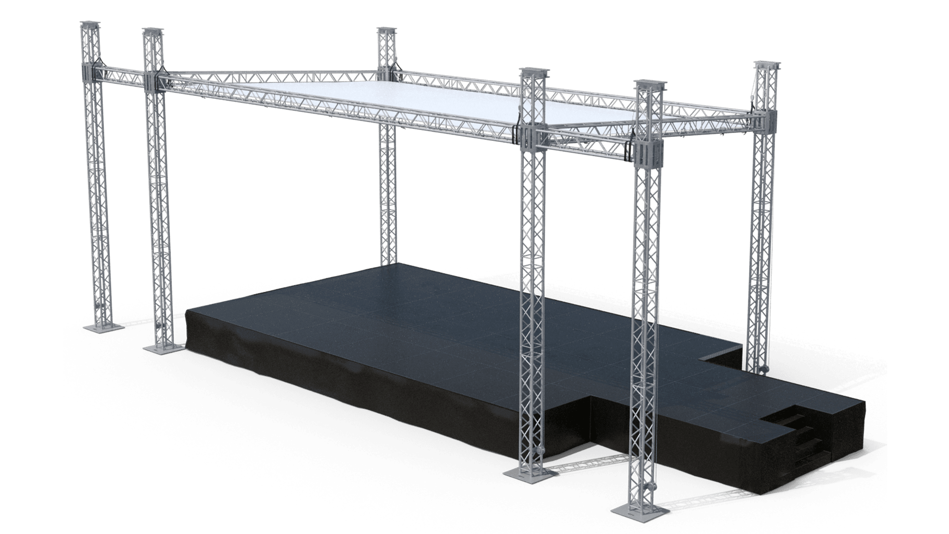 metal stage with elevated lighting rig